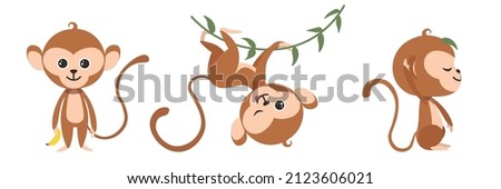 Vector illustration cute and beautiful monkeys on white background. Charming character in different poses with a banana, on a liana and sitting with a leaf on the head in cartoon style.