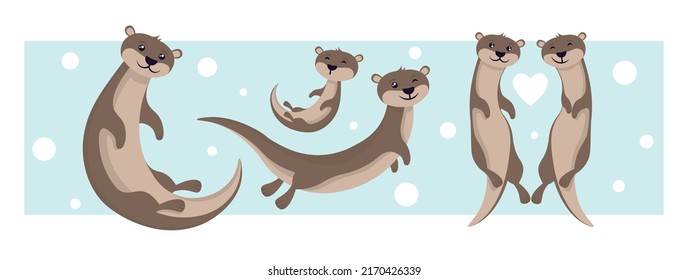 Vector illustration of cute and beautiful otters on white background. Charming characters in different poses swim underwater in cartoon style.