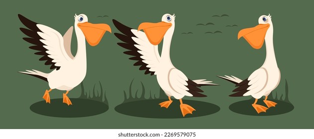 Vector illustration of cute and beautiful pelicans isolated on a green background. Charming pelican characters with different emotions and poses with silhouettes of birds in cartoon style.