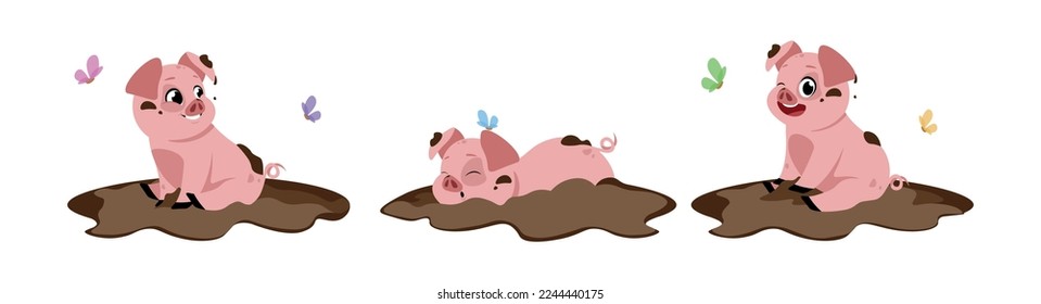 Vector illustration of cute and beautiful pink pig in cartoon style. Charming characters, funny pigs with butterflies sitting and lying in the swamp on a white background.