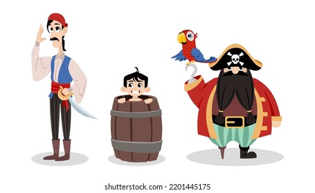 Ilustración vectorial de lindos y hermosos piratas sobre fondo blanco. Caracteres encantadores en forma de marinero con espada, chico en barril, capitán con loro al estilo de las caricaturas.