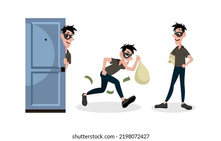 Vector illustration of cute and beautiful robbers on white background. Charming characters in different poses quietly enter the house, run with a bag of money, stand happy in cartoon style.