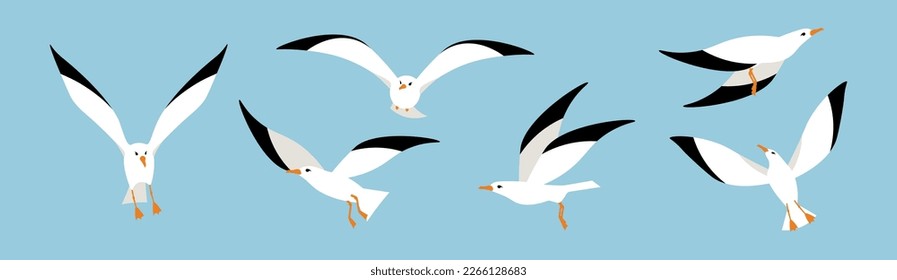 Ilustración vectorial de una gaviota linda y hermosa aislada en un fondo azul. Encantadores personajes de gaviotas costeras volando en el cielo al estilo de las caricaturas.