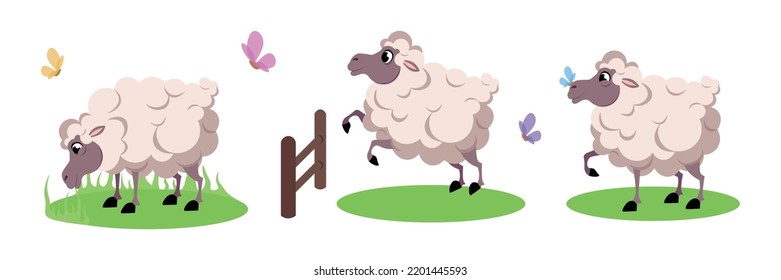 Vector illustration of cute and beautiful sheep on white background. Charming characters in different poses eat grass, jump over the fence, walk on the lawn in cartoon style.
