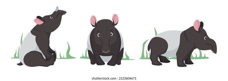 Vector illustration cute and beautiful tapirs on white background. Charming character in different poses sitting with a flower on the head. Side view in cartoon style.
