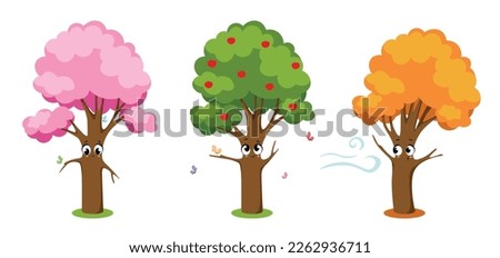 Vector illustration of cute and beautiful trees of the seasons on white background. Charming tree characters: blooming spring, summer tree with apples, butterflies, autumn tree with fallen leaves.