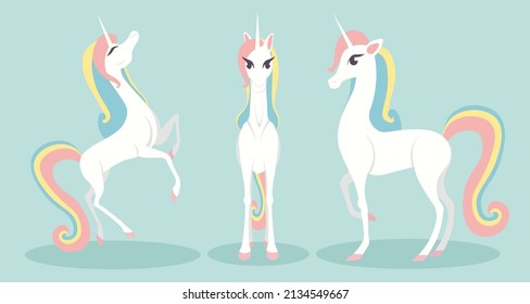 Vector illustration cute and beautiful unicorn on white background. Charming character in different poses in cartoon style.