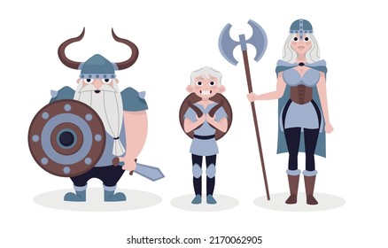 Vector illustration of cute and beautiful vikings on white background. Charming characters in a man with a sword and a shield, a boy stand with a shield on his shoulders, a woman in cartoon style.