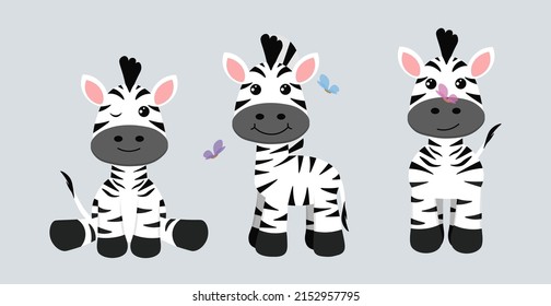 Vector illustration cute and beautiful zebras on white background. Charming characters in different poses with front view, side and sitting, playing with butterflies in cartoon style.