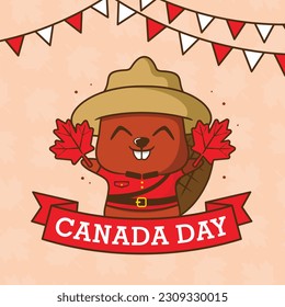 vector illustration of a cute beaver celebrating canada day