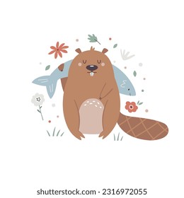 Vector illustration of a cute beaver in a green lush. Lovely artwork for kids prints, frame art, nursery decoration.