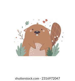 Vector illustration of a cute beaver sitting in forest bushes. Lovely artwork for kids prints, frame art, nursery decoration. Woodland design, artwork