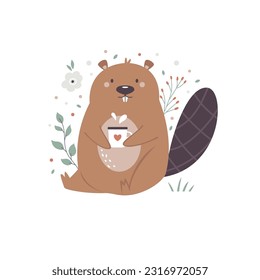 Vector illustration of a cute beaver sitting with a cup of tea in a green lush. Lovely artwork for kids prints, frame art, nursery decoration.