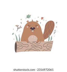 Vector illustration of a cute beaver sitting behind the log. Lovely artwork for kids prints, frame art, nursery decoration. Woodland design, artwork