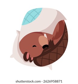 Vector illustration of cute beaver sleeping on a pillow under a blanket. Animal. Children's character. Symbol of Canada. National symbol. Flat style. Isolated background. Cartoon icon.