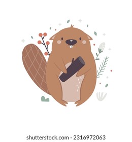 Vector illustration of a cute beaver standing with a log. Lovely composition for kids prints, frame art, nursery decoration. Woodland design, artwork