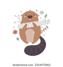 Vector illustration of a cute beaver standing with a log. Lovely composition for kids prints, frame art, nursery decoration. Woodland design, artwork