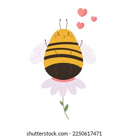 Imagen vectorial de una linda abeja sentada en una flor. Infección divertida aislada en fondo blanco