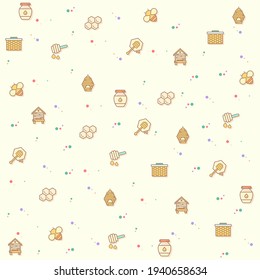 Vector illustration of a cute bee symbol and honey. Collection of organic, sweet, natural, honey bee, fresh, apiary, beehive, honey jar, spoons, honeycombs elements. Isolated on beige.