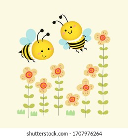 Vector illustration of cute bees flying over the yellow flowers garden.