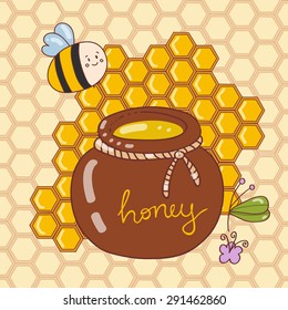 Vector illustration with cute bees, honey, flowers, bee honeycombs, a barrel of honey.