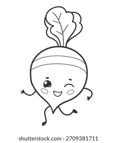 Ilustração vetorial de uma beterraba fofa com rosto feliz e topo de folha em preto e branco. Objeto vegetal isolado de arte linear.