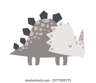 Vector illustration of cute beige dinosaur with spikes on white background. Triceratops. Cute dinosaur character for kids. Poster, postcard, print.