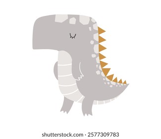 Vector illustration of cute beige dinosaur with spikes on white background. Raptor. T-rex. Cute dinosaur character for kids. Poster, postcard, print.