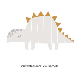 Vector illustration of cute beige dinosaur with spikes on white background. Stegosaurus. Cute dinosaur character for kids. Poster, postcard, print.