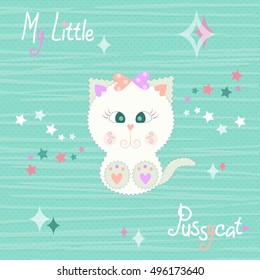 Vector illustration of a cute beige kitty baby on striped green background with stars in pastel colors. T-shirt design for kids. The design of baby clothes vector illustration.
