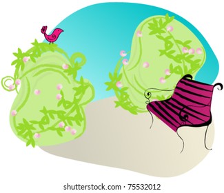 Vector illustration of cute bench in a springtime park and a bird