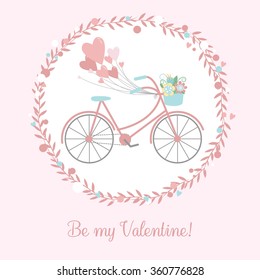 Imagen vectorial de una bicicleta linda con flores y corazones - tarjeta de saludo del día de San Valentín