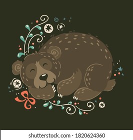 Vector illustration of cute big bear in winter sleep. Christmas decoration picture with lovely animal and wild herbs.