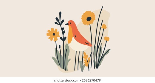 vector illustration cute bird in flowers