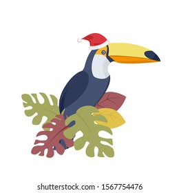 Vector illustration with cute bird in hat. Flat illustration. Isolated. Toucan. Hawaii.