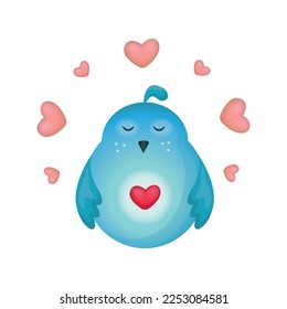 Vector illustration of a cute bird with hearts. Isolated on white background