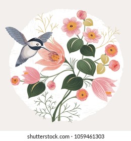  Vector illustration with a cute bird on a floral branch in spring for Wedding, anniversary, birthday and party. Design for banner, poster, card, invitation and scrapbook 	