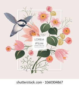  Vector illustration with a cute bird on a floral frame in spring for Wedding, anniversary, birthday and party. Design for banner, poster, card, invitation and scrapbook 