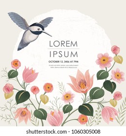  Vector illustration with a cute bird on a floral frame in spring for Wedding, anniversary, birthday and party. Design for banner, poster, card, invitation and scrapbook 