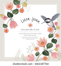  Vector illustration with a cute bird on a floral branch in spring for Wedding, anniversary, birthday and party. Design for banner, poster, card, invitation and scrapbook 