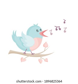 Vektorgrafik eines süßen Vogels auf einem Ast singt ein Lied. Vogel zwitschert Frühling gekommen