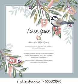 Ilustración vectorial con un pájaro lindo en una rama floral en primavera para matrimonio, aniversario, cumpleaños y fiesta. Diseño para banner, afiche, tarjeta, invitación y libro de texto