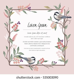 Vector illustration with a cute bird on a floral branch in spring for Wedding, anniversary, birthday and party. Design for banner, poster, card, invitation and scrapbook