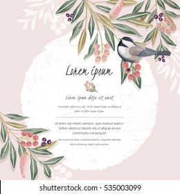 Vector illustration with a cute bird on a floral branch in spring for Wedding, anniversary, birthday and party. Design for banner, poster, card, invitation and scrapbook