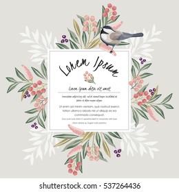 Vector illustration with a cute bird on a floral branch in spring for Wedding, anniversary, birthday and party. Design for banner, poster, card, invitation and scrapbook