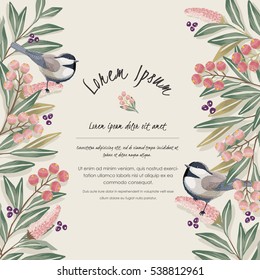 Vector illustration with a cute bird on a floral branch in spring for Wedding, anniversary, birthday and party. Design for banner, poster, card, invitation and scrapbook