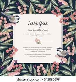  Vector illustration with a cute bird on a floral branch in spring for Wedding, anniversary, birthday and party. Design for banner, poster, card, invitation and scrapbook 				
