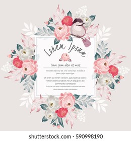  Vector illustration with a cute bird on a floral branch in spring for Wedding, anniversary, birthday and party. Design for banner, poster, card, invitation and scrapbook 