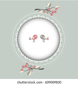 Vector illustration with cute bird on a cowberry branch in spring for a wedding, anniversary, birthday and party. Design for a banner, postcard, postcard, invitation and note