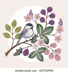  Vector illustration with a cute bird on a floral branch in spring for Wedding, anniversary, birthday and party. Design for banner, poster, card, invitation and scrapbook 